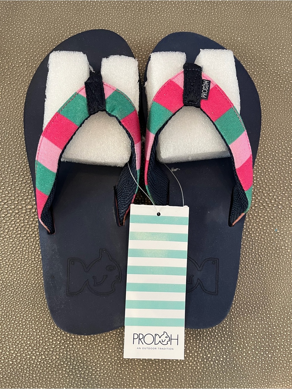 Prodoh Flip Flops with Pink & Green Striped Straps (size youth 4-5) NWT